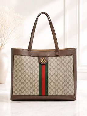 Authentic Gucci Ophidia GG Supreme Canvas Large Tote Bag Web Stripe Shoulder Bag